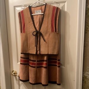Vintage Tan Suede and Red Knit Vest and Skirt Set